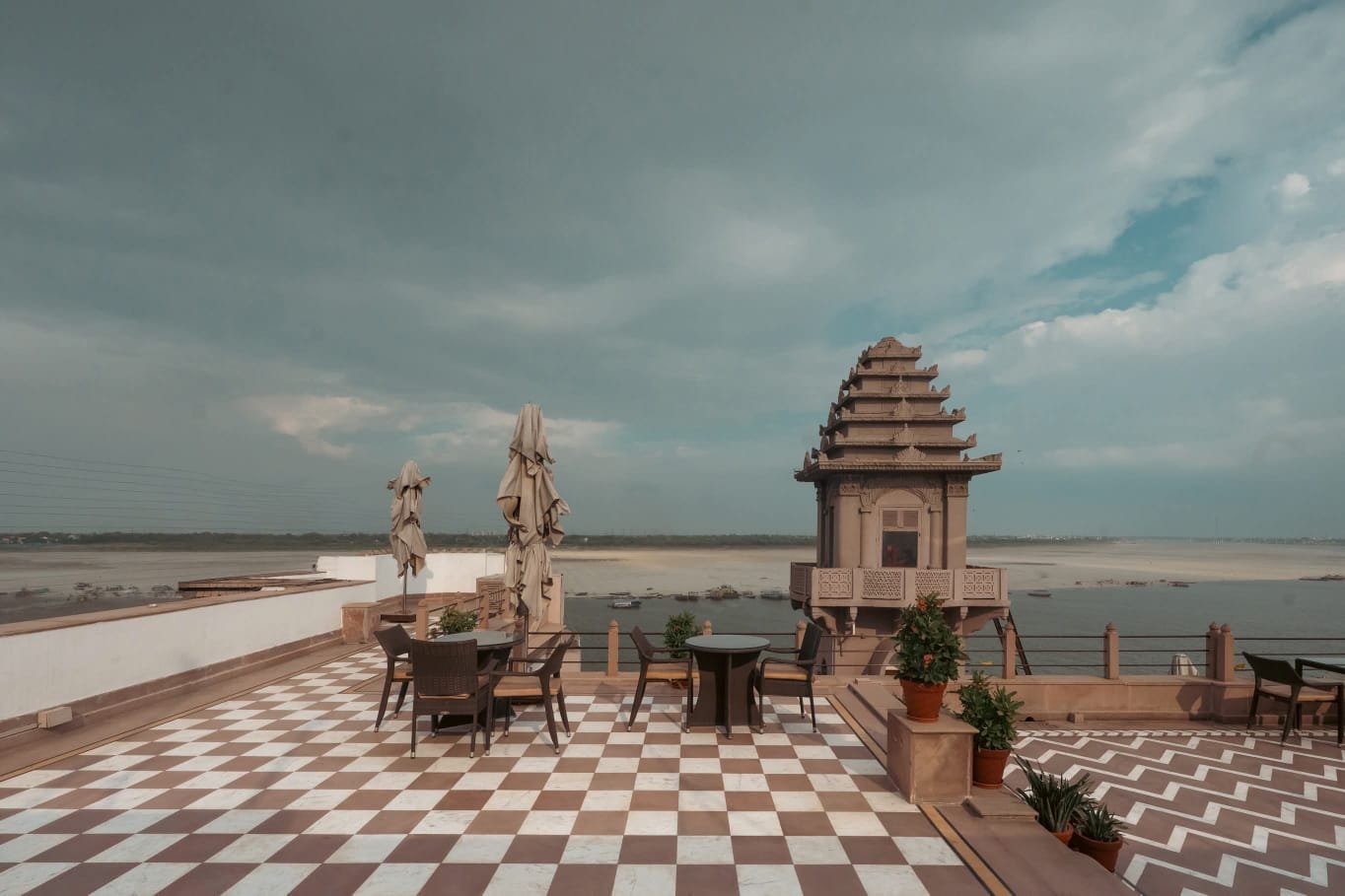 Checkered Rooftop Terrace and Ancient Temple Pavilion